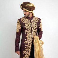Deep Burgundy Pure Jamavar Silk Shux Sherwani with intricate embroidery
