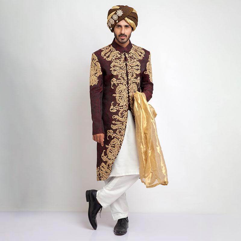 Deep Burgundy Pure Jamavar Silk Shux Sherwani with intricate embroidery
