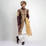 Deep Burgundy Pure Jamavar Silk Shux Sherwani with intricate embroidery