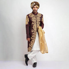 Deep Burgundy Pure Jamavar Silk Shux Sherwani with intricate embroidery
