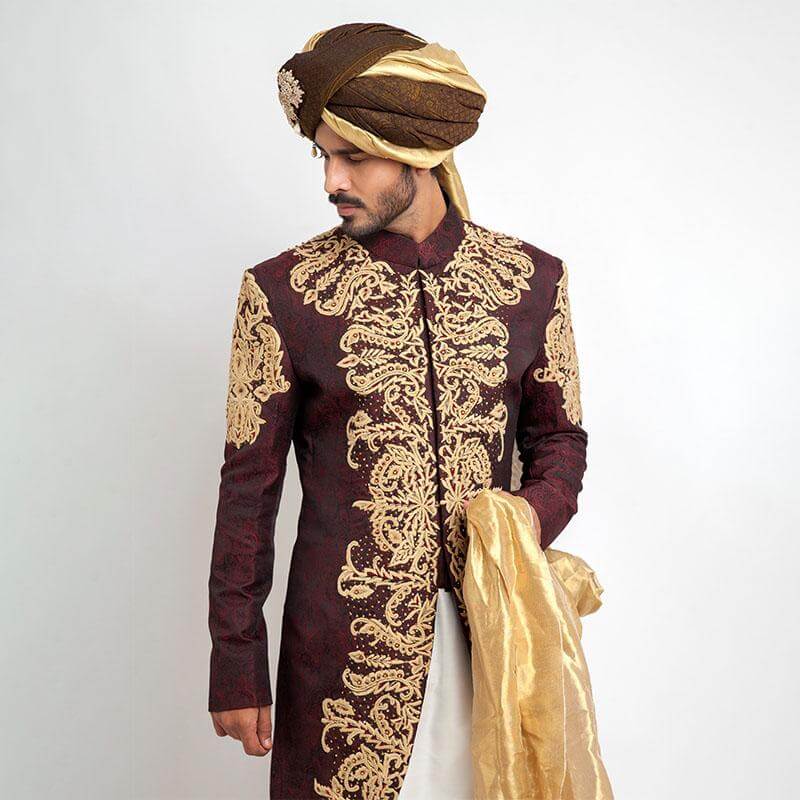 Deep Burgundy Pure Jamavar Silk Shux Sherwani with intricate embroidery