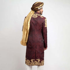 Deep Burgundy Pure Jamavar Silk Shux Sherwani with intricate embroidery