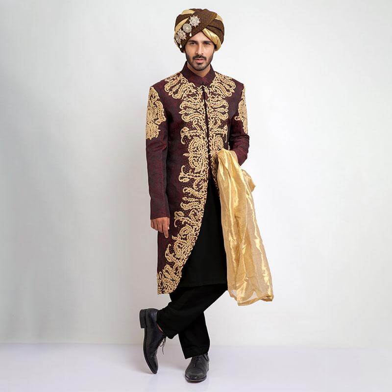 Deep Burgundy Pure Jamavar Silk Shux Sherwani with intricate embroidery