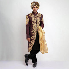 Deep Burgundy Pure Jamavar Silk Shux Sherwani with intricate embroidery