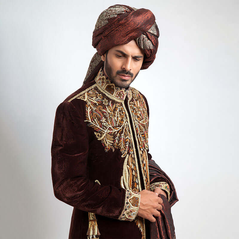  Deep Burgundy Velvet Form-Fitted Sherwani with rich texture and detailed embroidery