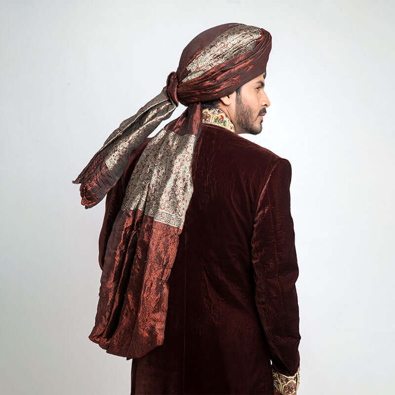  Deep Burgundy Velvet Form-Fitted Sherwani with rich texture and detailed embroidery