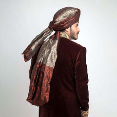  Deep Burgundy Velvet Form-Fitted Sherwani with rich texture and detailed embroidery