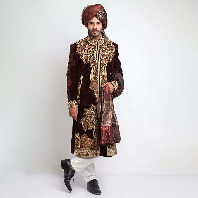  Deep Burgundy Velvet Form-Fitted Sherwani with rich texture and detailed embroidery
