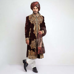  Deep Burgundy Velvet Form-Fitted Sherwani with rich texture and detailed embroidery