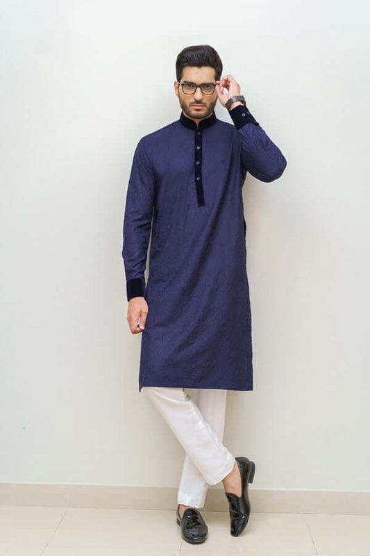 Blue on Blue Embroidered Cotton Kurta