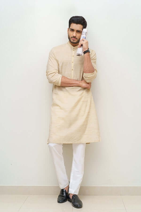 Premium Textured White Cotton Kurta with Metal Buttons