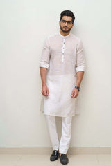 Premium Textured White Cotton Kurta with Metal Buttons