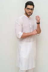 Premium Textured White Cotton Kurta with Metal Buttons