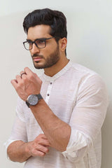 Premium Textured White Cotton Kurta with Metal Buttons