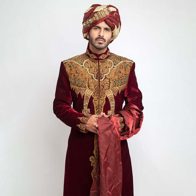 Burnt Red Velvet Form-Fitted Sherwani with elegant detailing and refined texture