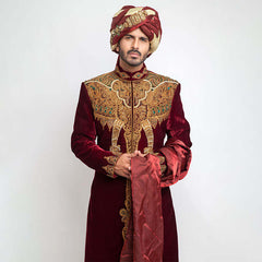 Burnt Red Velvet Form-Fitted Sherwani with elegant detailing and refined texture
