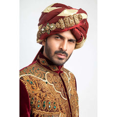 Burnt Red Velvet Form-Fitted Sherwani with elegant detailing and refined texture