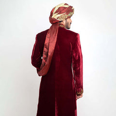 Burnt Red Velvet Form-Fitted Sherwani with elegant detailing and refined texture