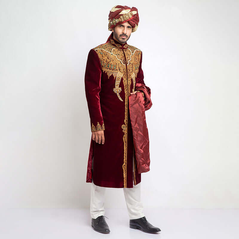 Burnt Red Velvet Form-Fitted Sherwani with elegant detailing and refined texture