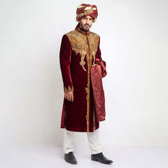 Burnt Red Velvet Form-Fitted Sherwani with elegant detailing and refined texture
