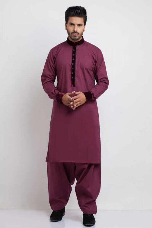 Velvet-Detailed Maroon Soft Cotton Shalwar Kameez