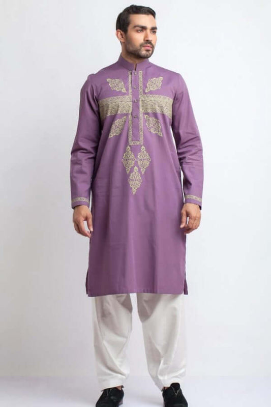 Lilac Purple Embroidered Handwoven Kurta