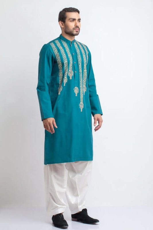 Lilac Teal Blue Handwoven Kurta