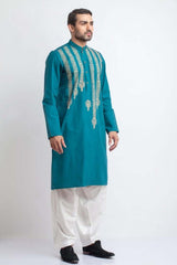 Lilac Teal Blue Handwoven Kurta