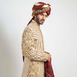  Ivory Pure Jamavar Silk Form-Fitted Sherwani with intricate detailing