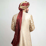  Ivory Pure Jamavar Silk Form-Fitted Sherwani with intricate detailing