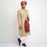  Ivory Pure Jamavar Silk Form-Fitted Sherwani with intricate detailing