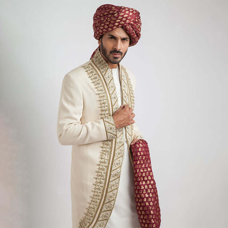 Ivory Shux sherwani with Zardozi embroidery detailing