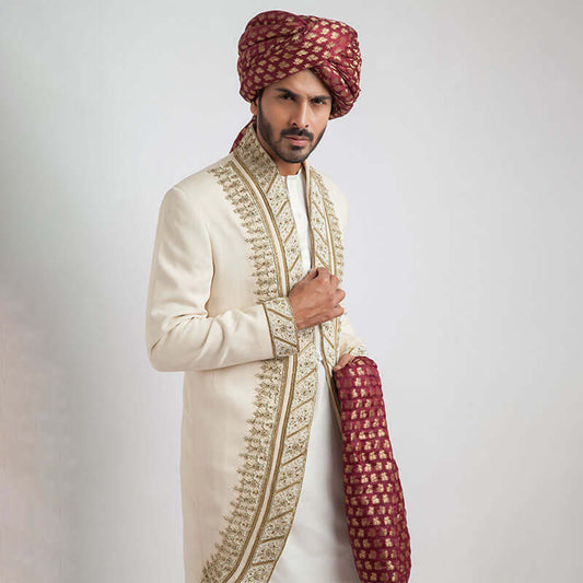 Ivory Shux sherwani with Zardozi embroidery detailing