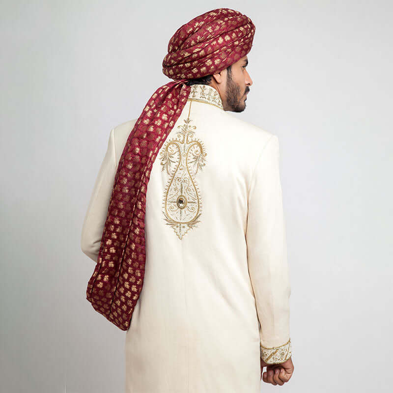 Ivory Shux sherwani with Zardozi embroidery detailing