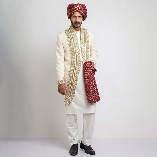 Ivory Shux sherwani with Zardozi embroidery detailing