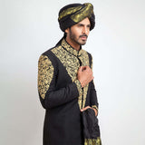 Jet Black Form-Fitted Sherwani with sleek tailoring and sophisticated design