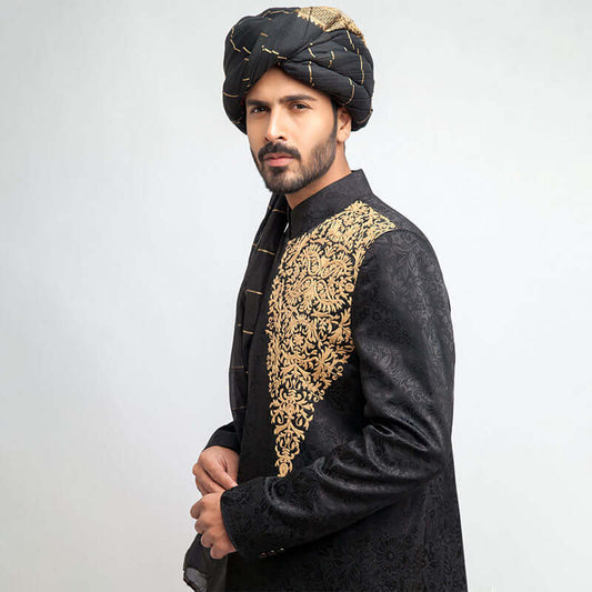 Jet Black Pure Jamavar Silk Form Fitted Sherwani by Arsalan Iqbal
