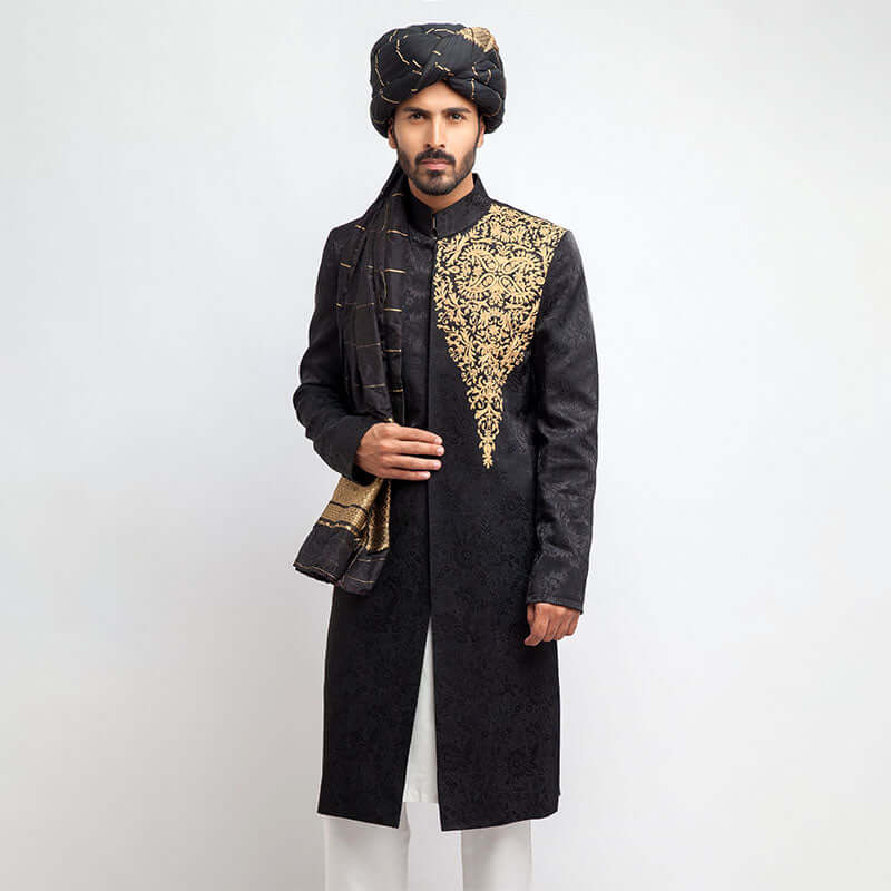 Jet Black Pure Jamavar Silk Form Fitted Sherwani by Arsalan Iqbal
