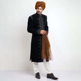 Jet Black Premium Velvet Form-Fitted Sherwani with sophisticated craftsmanship and sleek design