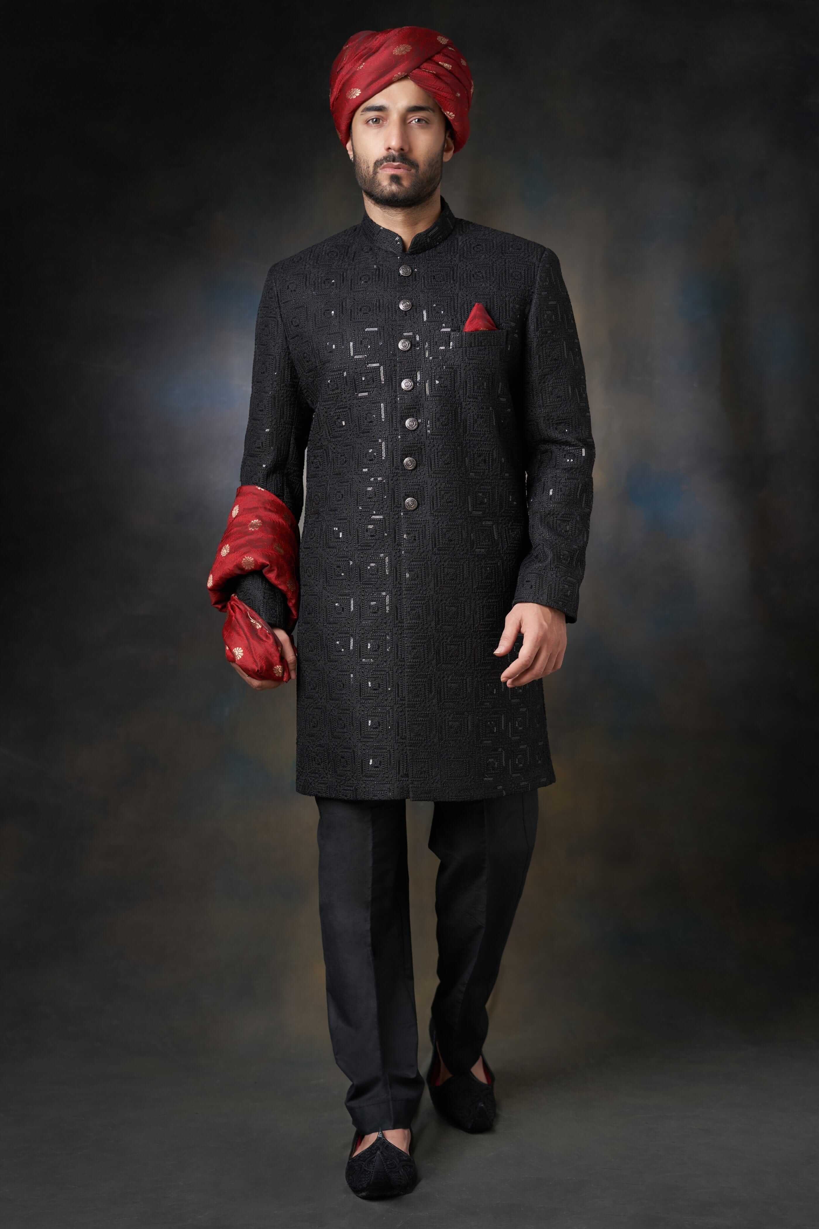 Groom Short Sherwani Black Jet Black Short Length Sherwani With