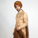 Peach Gold and Grey Brocade Sherwani for men with intricate embroidery