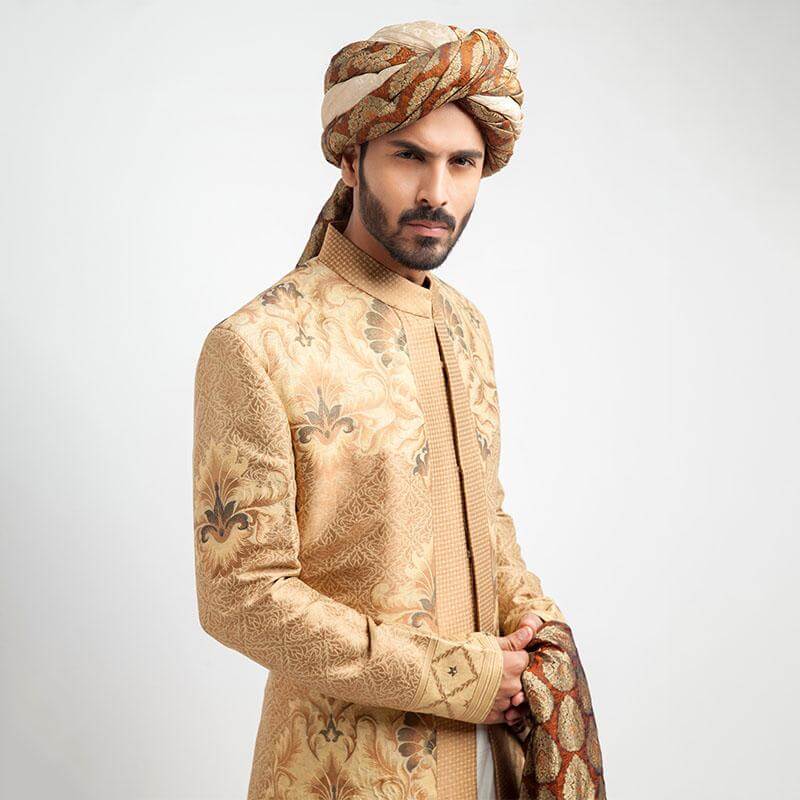 Peach Gold, Antique Gold, and Grey Brocade Form-Fitted Sherwani with Zardozi detailing