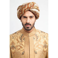 Peach Gold, Antique Gold, and Grey Brocade Form-Fitted Sherwani with Zardozi detailing