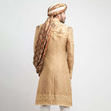 Peach Gold, Antique Gold, and Grey Brocade Form-Fitted Sherwani with Zardozi detailing