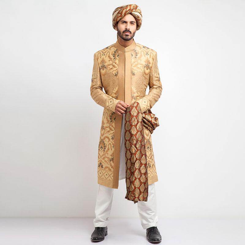 Peach Gold, Antique Gold, and Grey Brocade Form-Fitted Sherwani with Zardozi detailing
