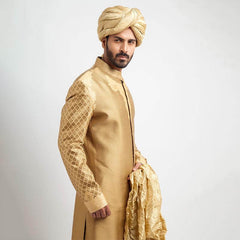 Peach Gold and Red Brocade Sherwani with detailed embroidery