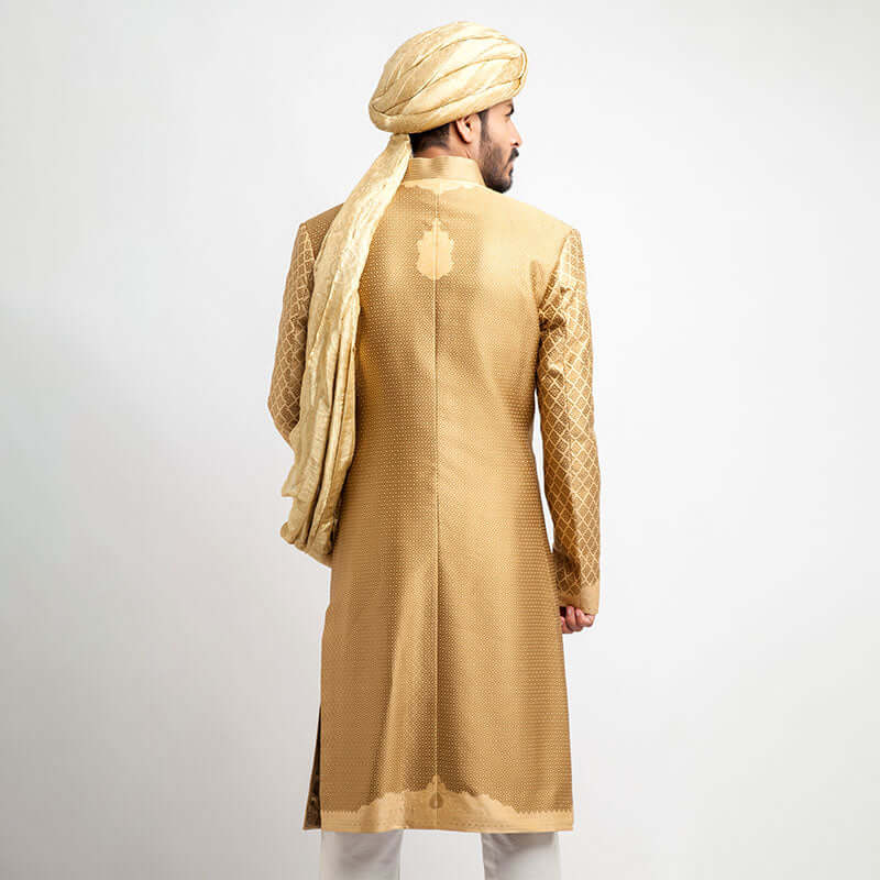 Peach Gold and Red Brocade Sherwani with detailed embroidery