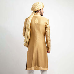 Peach Gold and Red Brocade Sherwani with detailed embroidery