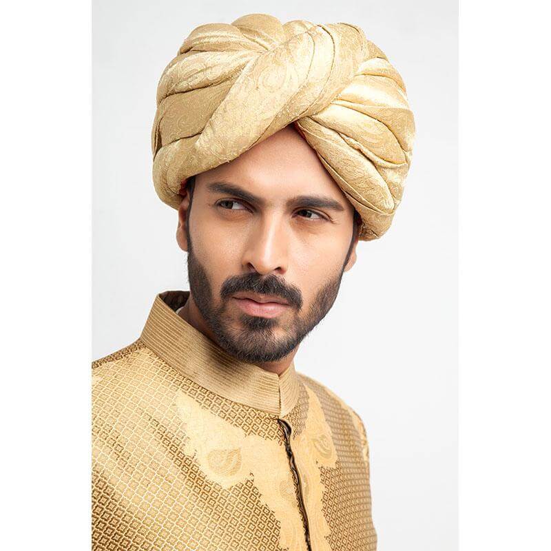Peach Gold and Red Brocade Sherwani with detailed embroidery
