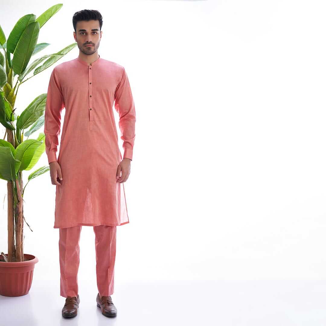 Basic Coral Cotton/Viscose Kurta & Drawstring Trousers AI-EID-0002